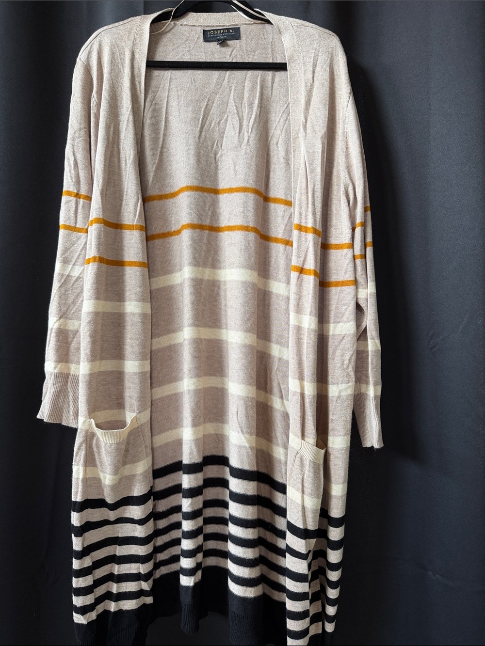 Joseph A Beige Striped Open Cardigan with Black and Mustard Accents